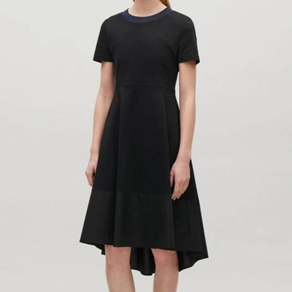COS Paneled Black Jersey Dress Size XS Fit & Flare Modest Stealth Wealth Classic - Picture 1 of 13
